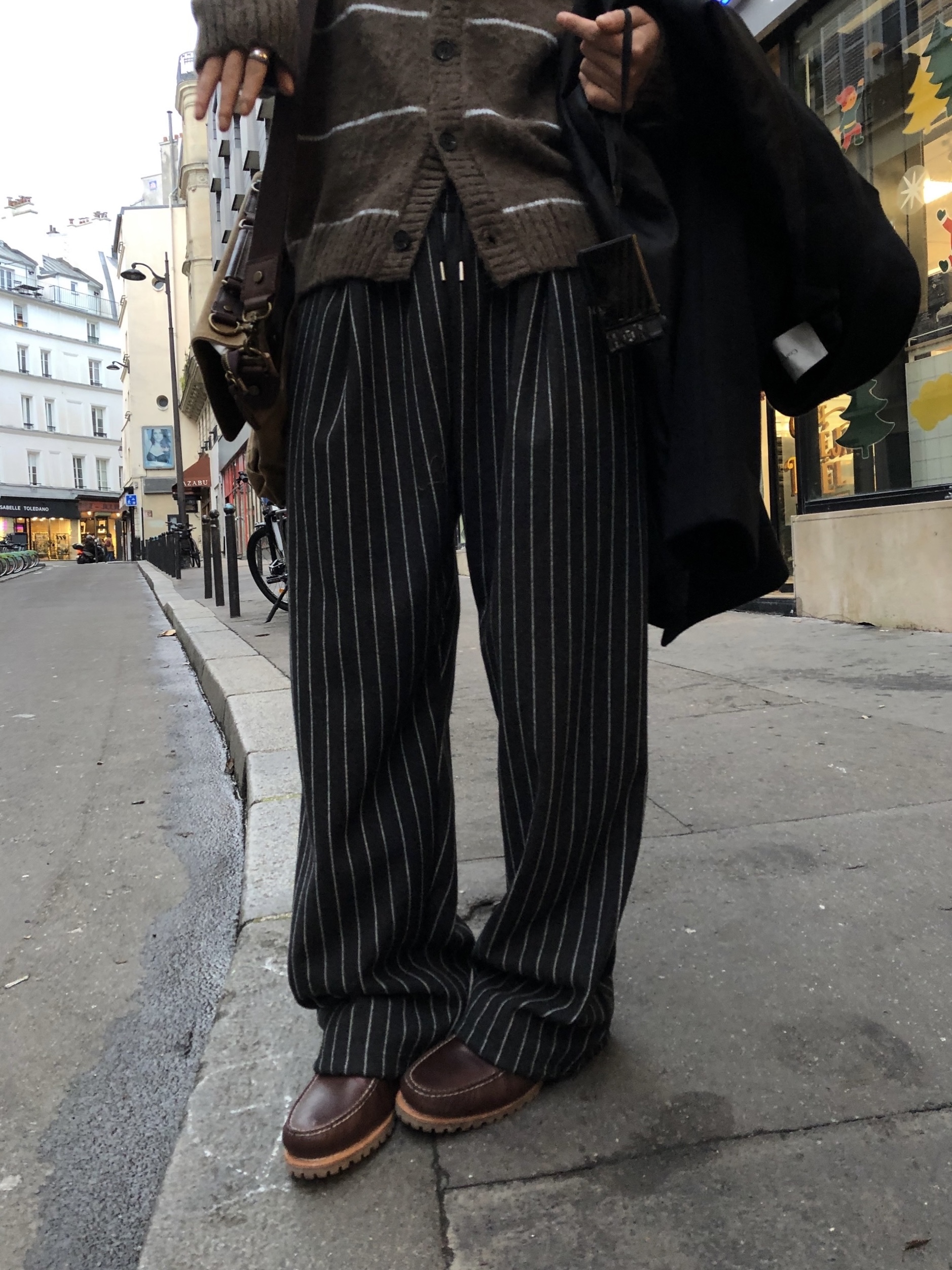 (3color)ウールストライプウエストゴムパンツ