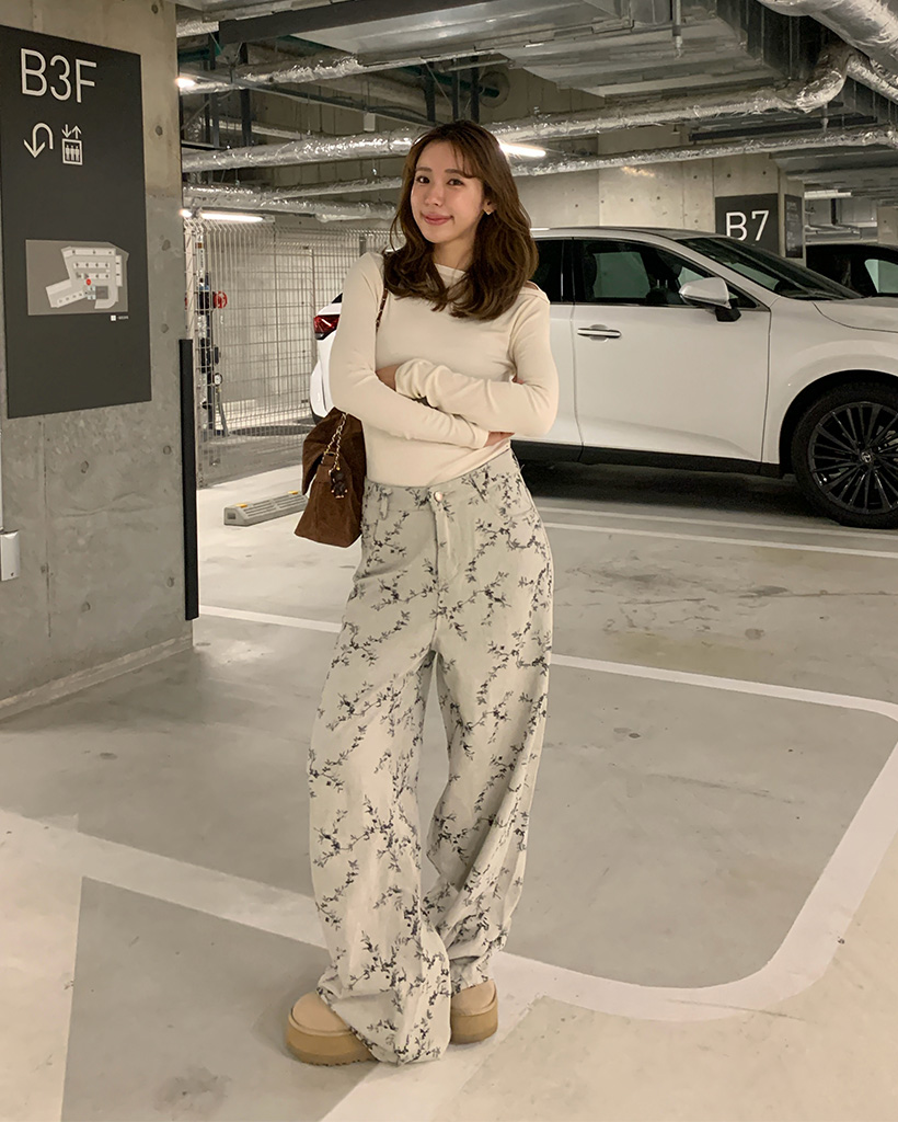 フラワーパタンコットンデニムパンツ