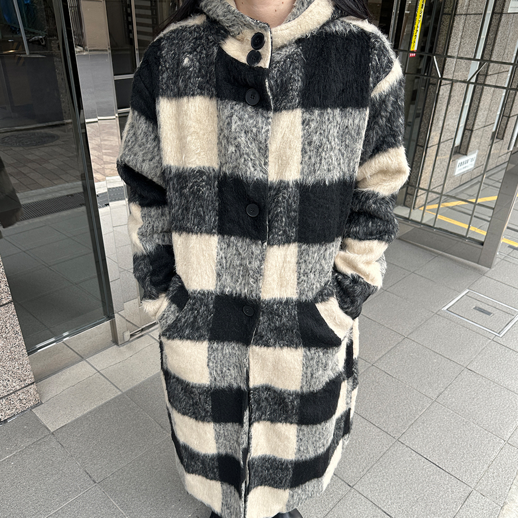 チェックフードロングコート | ファッション通販サイト NUGU