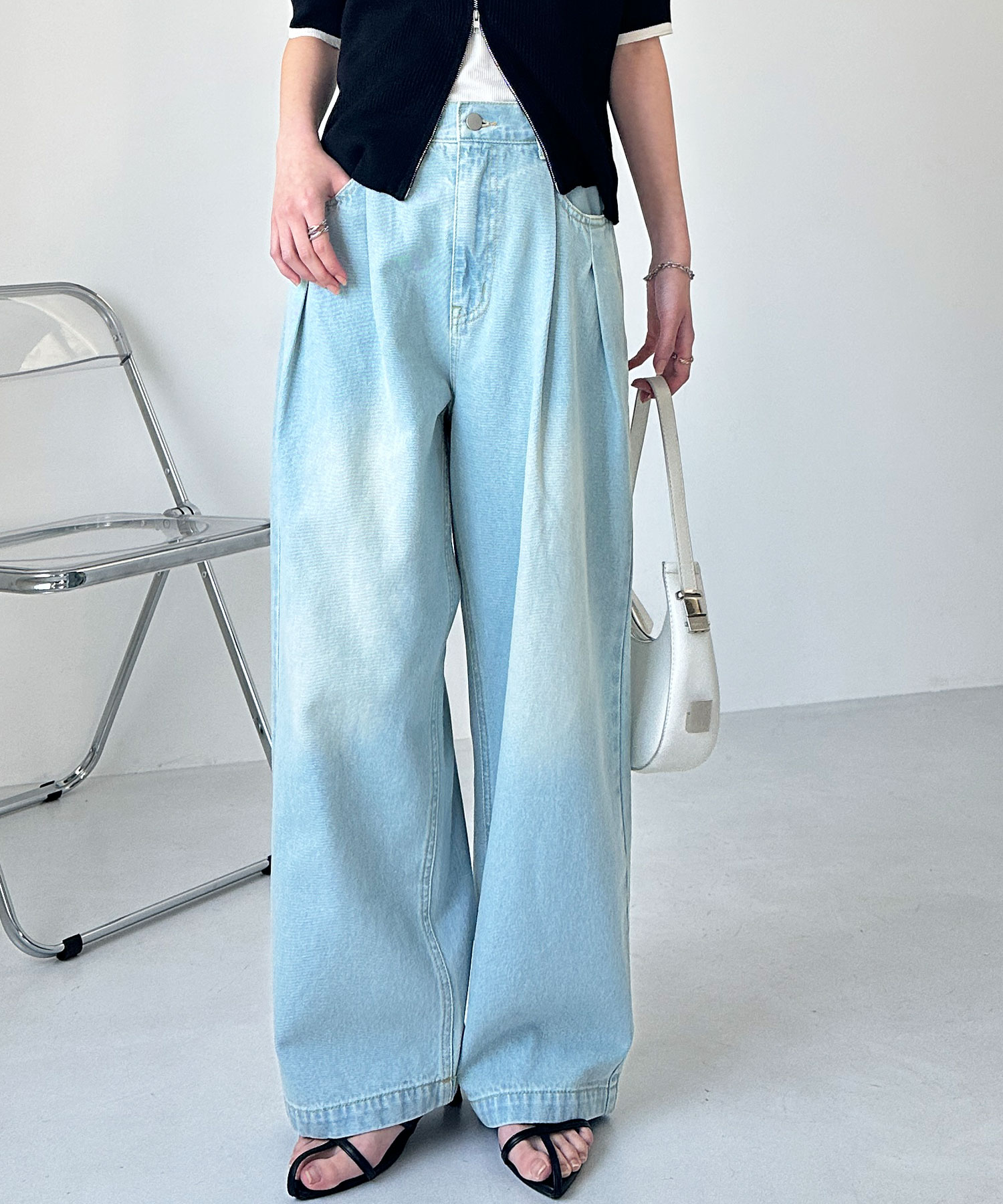 ハイウエストダブルタックワイドデニムパンツ | ファッション