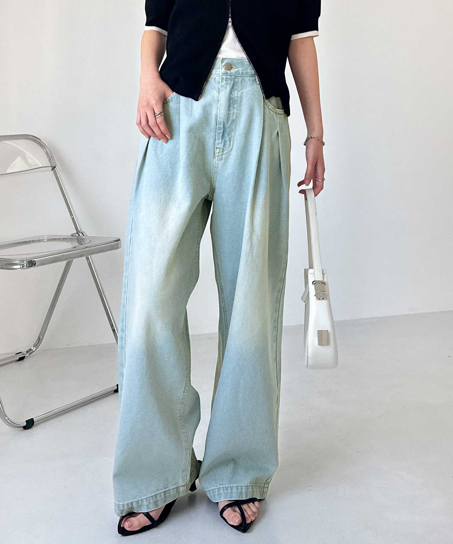 はにページ ハイウエストダブルタックワイドデニムパンツ | ファッション