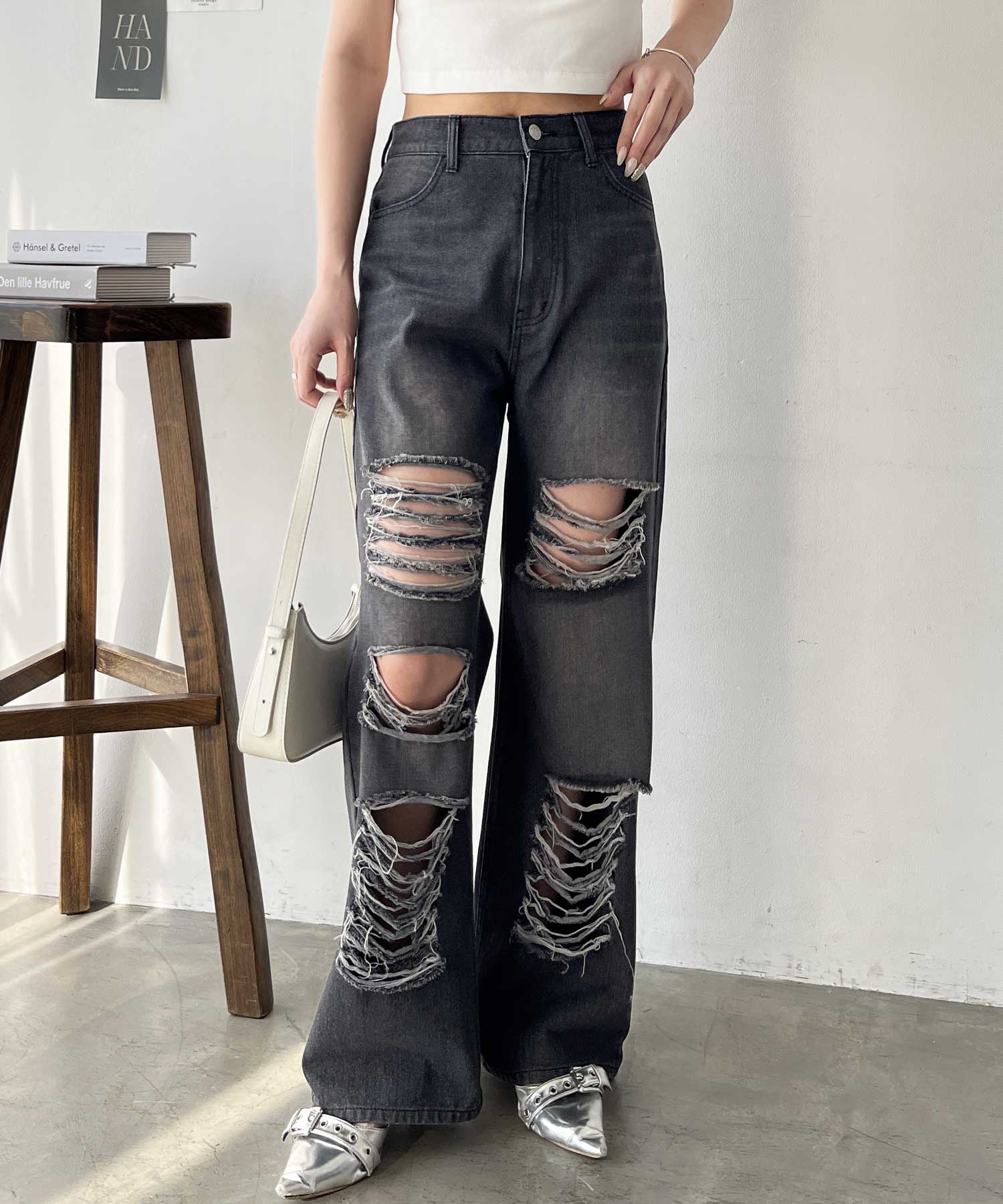 【boohoo】パッチワークダメージ加工ブリーチジーンズ 送料無料 クラッシュ スキニー ストレッチ デニム ジーンズ