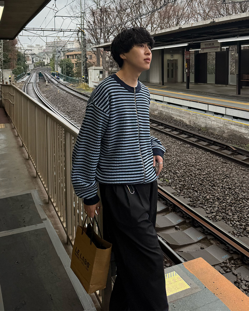 （ユニセックス）ボーダーファスナーカーディガン