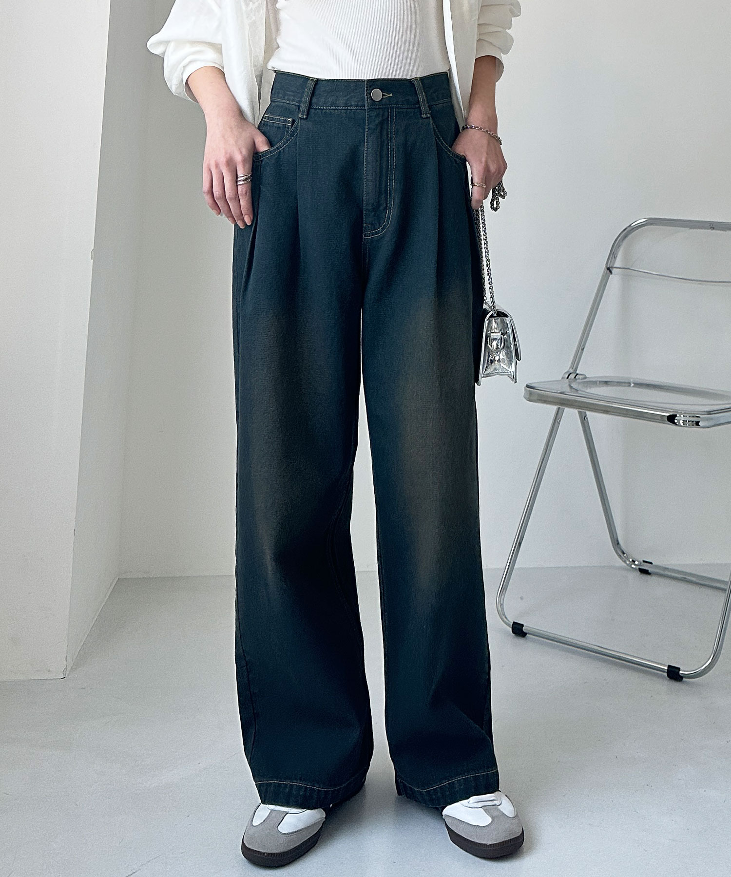 ダークブルー ハイウエスト ワイドレッグ デニム me+em select（ミームセレクト）の「【 選べる3サイズ 】センター