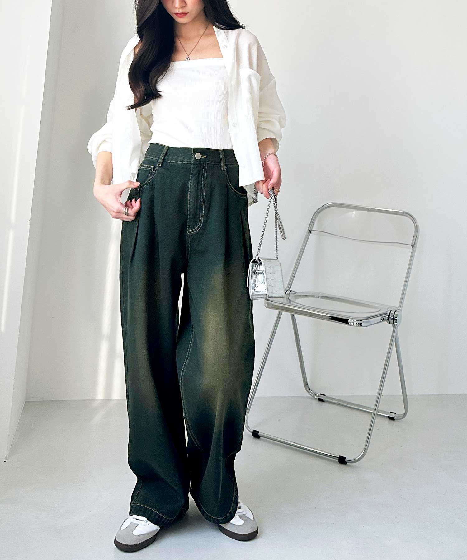 はにページ ハイウエストダブルタックワイドデニムパンツ | ファッション