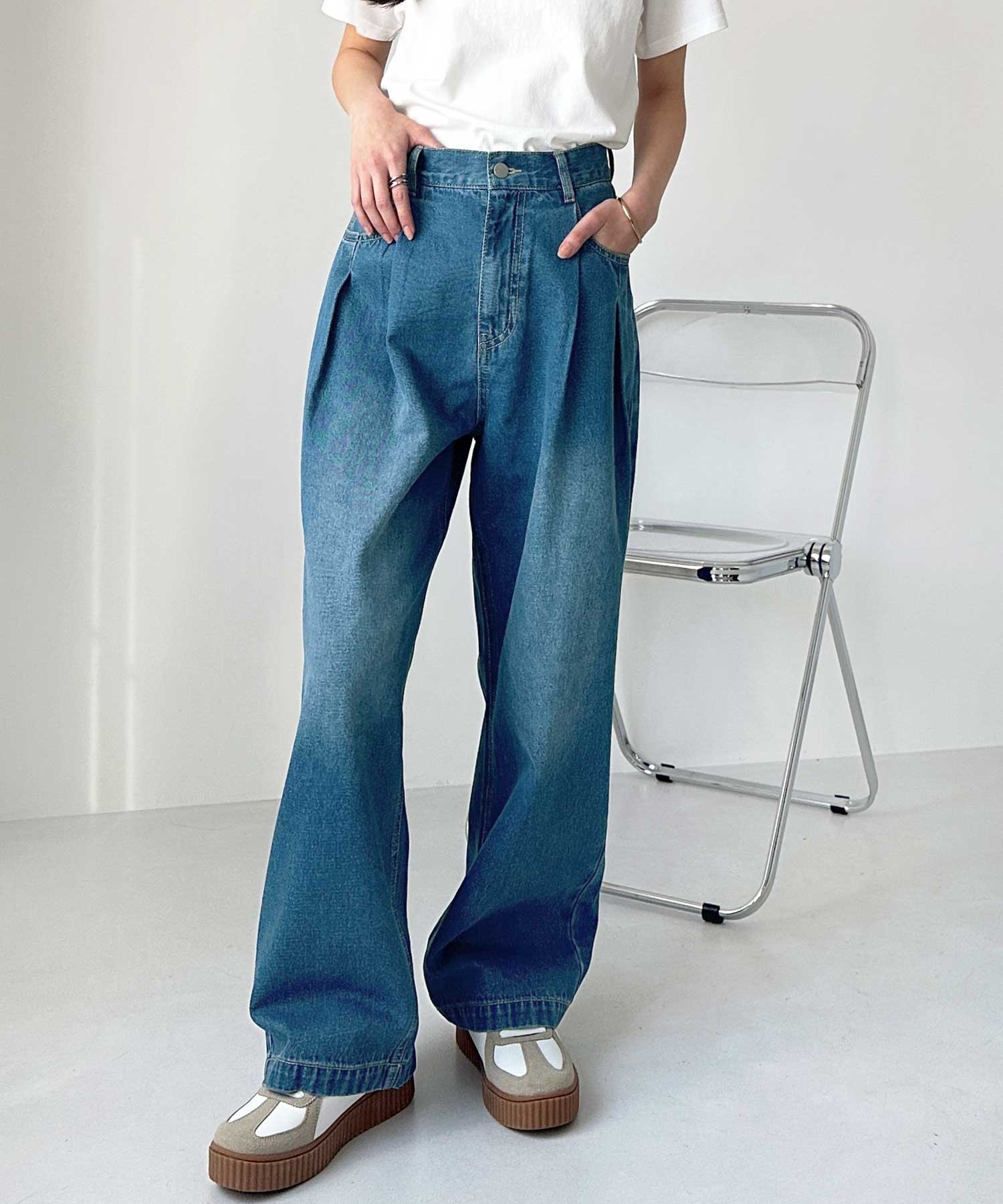 ダブルウエストプリントデニム ハイウエストダブルタックワイドデニムパンツ | ファッション通販