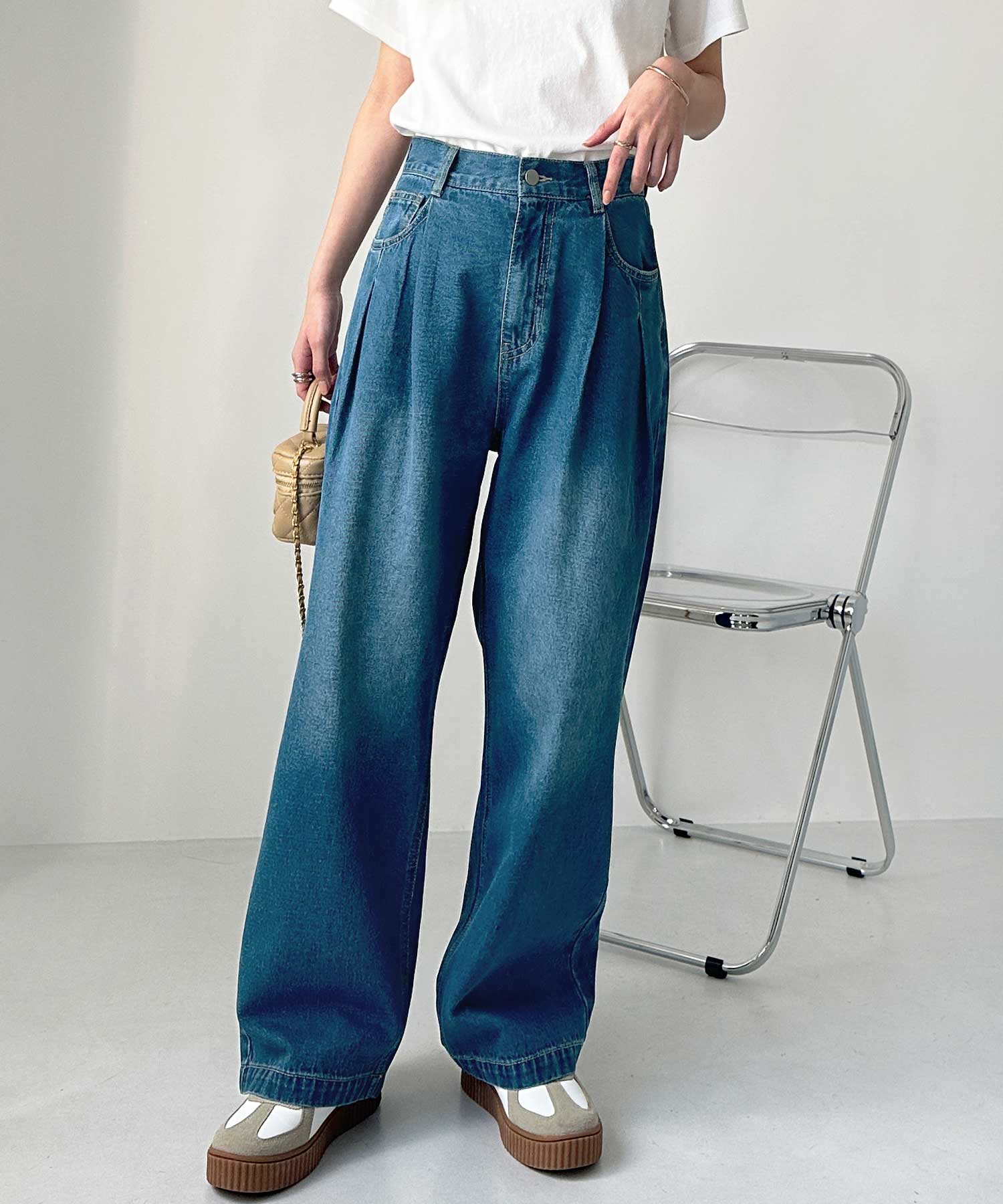 ハイウエストダブルタックワイドデニムパンツ | ファッション
