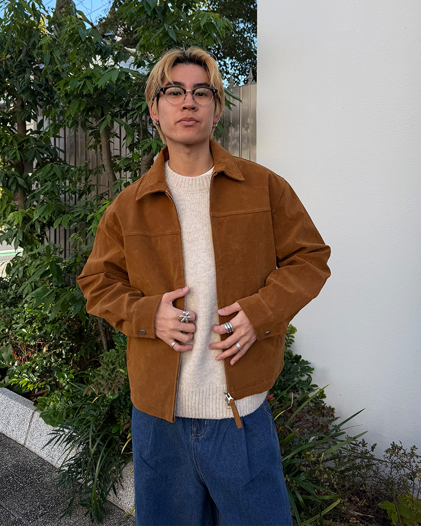 ユニセックス）スエードカラーファスナーセミクロップジャケット