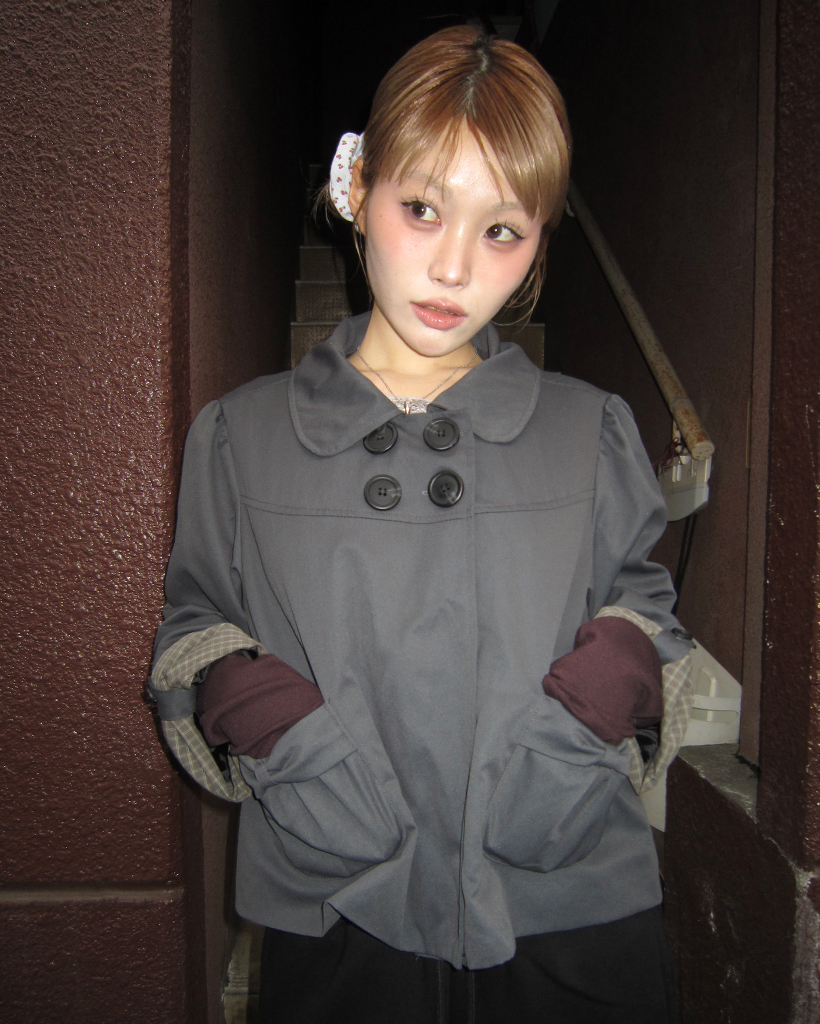 チェックカフスリボンポケットダブルボタンショートジャケット