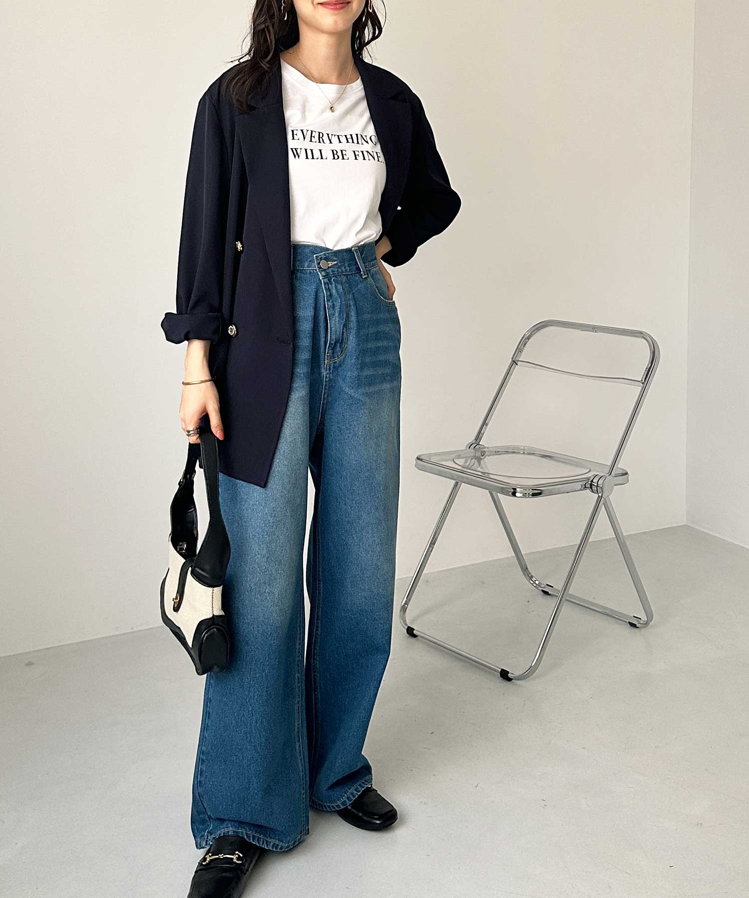 ウエスト調節可】ウエスト2ボタンワイドストレートデニムパンツ