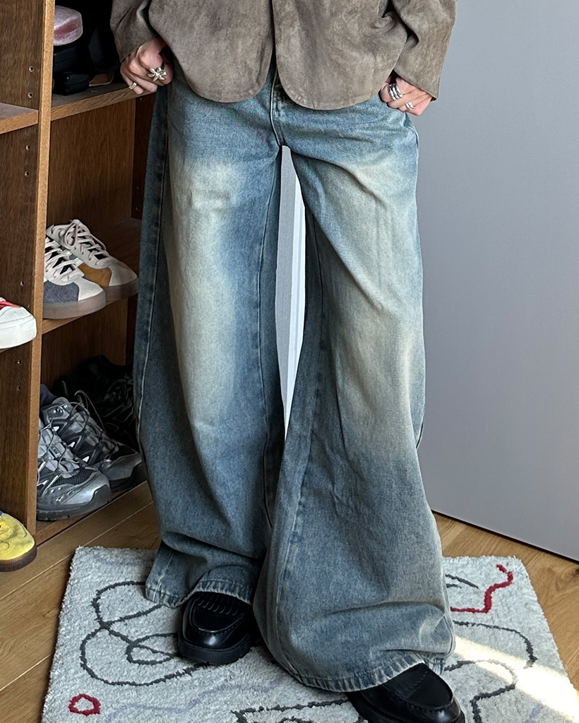 （ユニセックス）ヴィンテージウォッシュワイドデニムパンツ