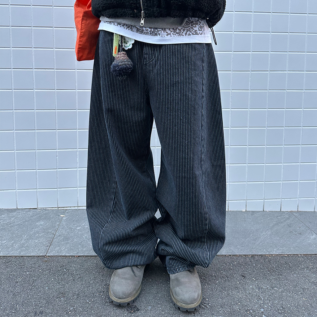 nuguストライプ ワイドパンツ ネイビー ストリングストライプワイドスラックス | ファッション通販