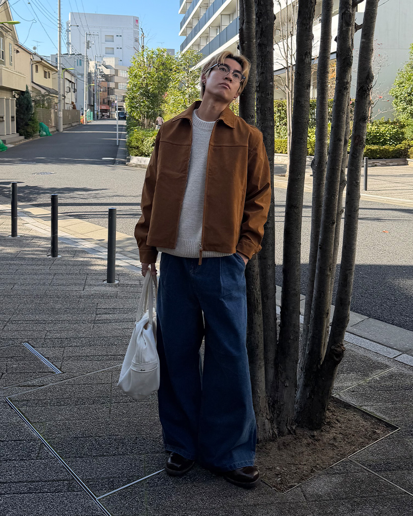 ユニセックス）スエードカラーファスナーセミクロップジャケット