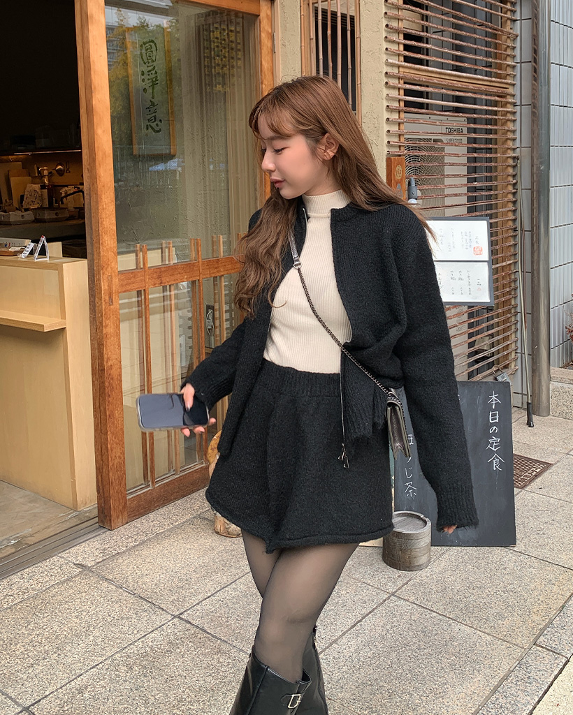 ニットジップ＆ニットミニスカートセットアップ | ファッション通販