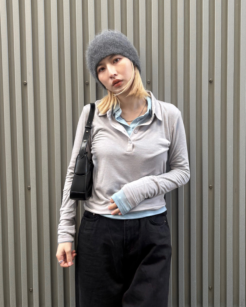 ポロネックセミクロップドロングTシャツ