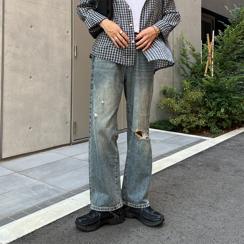 極美品 45R デニム ワイド ベイカー パンツ 1 ダメージ リペア 極美品 45R デニム ワイド ベイカー パンツ 1 ダメージ リペア 45RPM