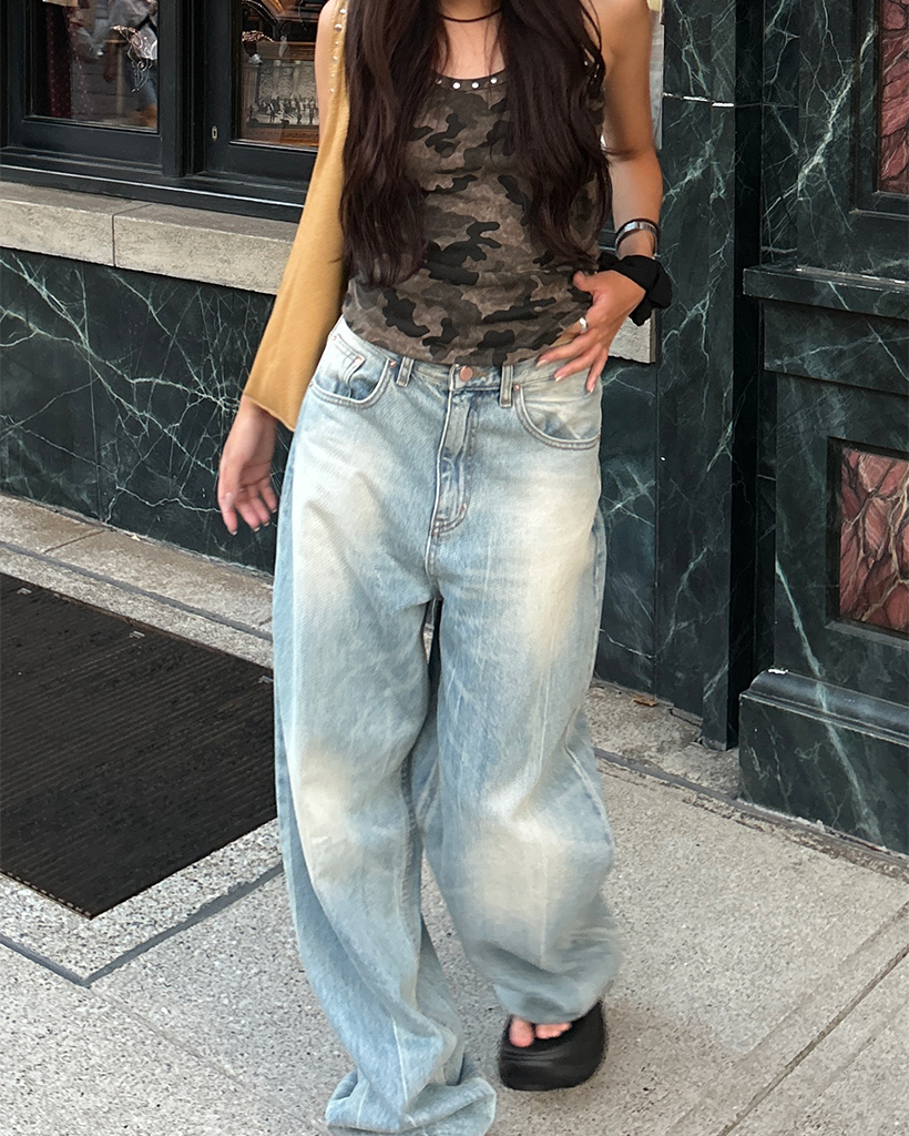 Uネックスタッズカモフラージュリブタンクトップ