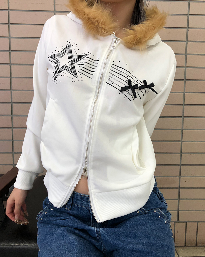 リボンダブルジップパーカー 美品 ルネ Rene パールストーン装飾 袖口