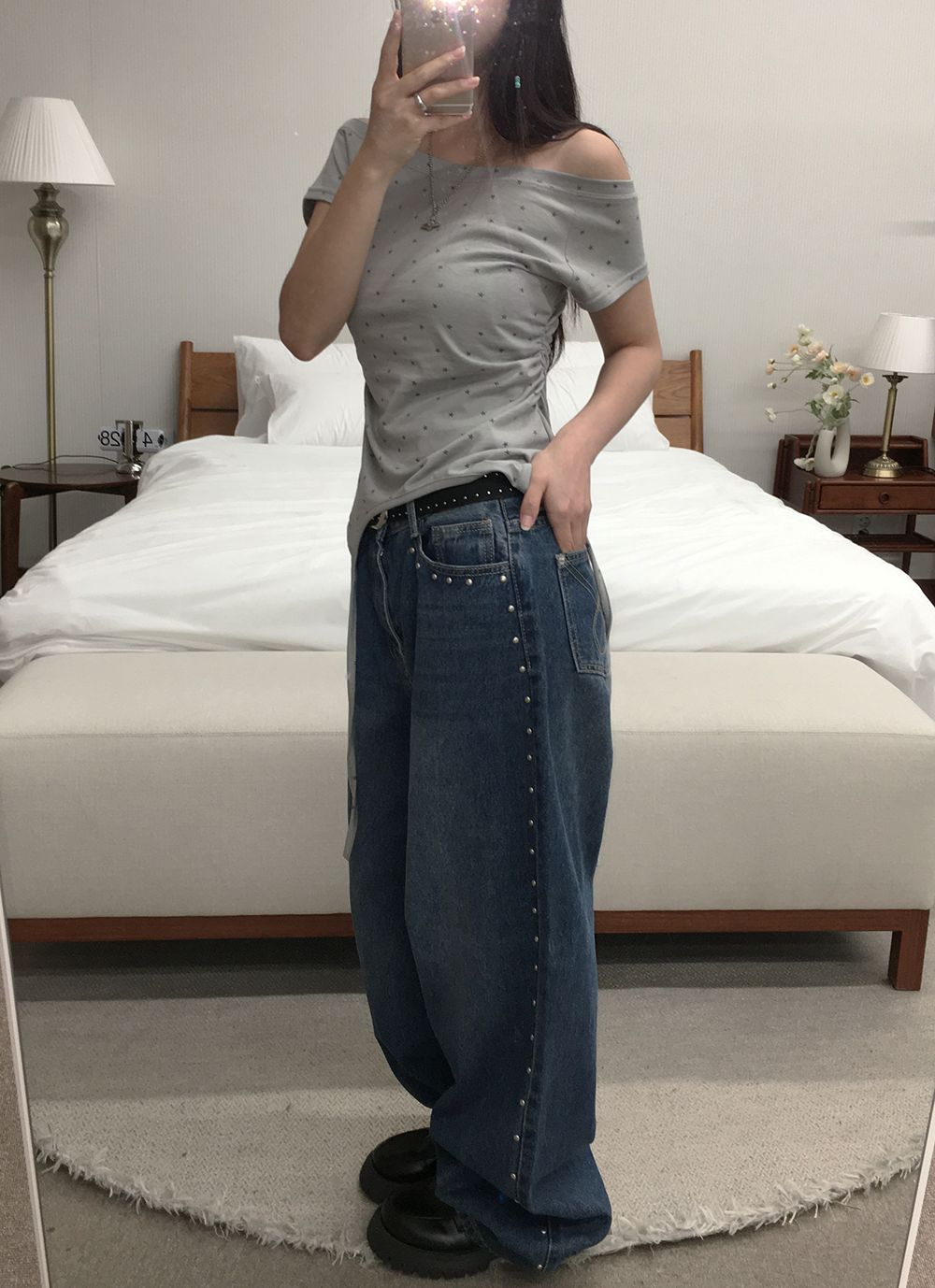 S~XL]サイドスタッズワイドデニムパンツ | ファッション通販