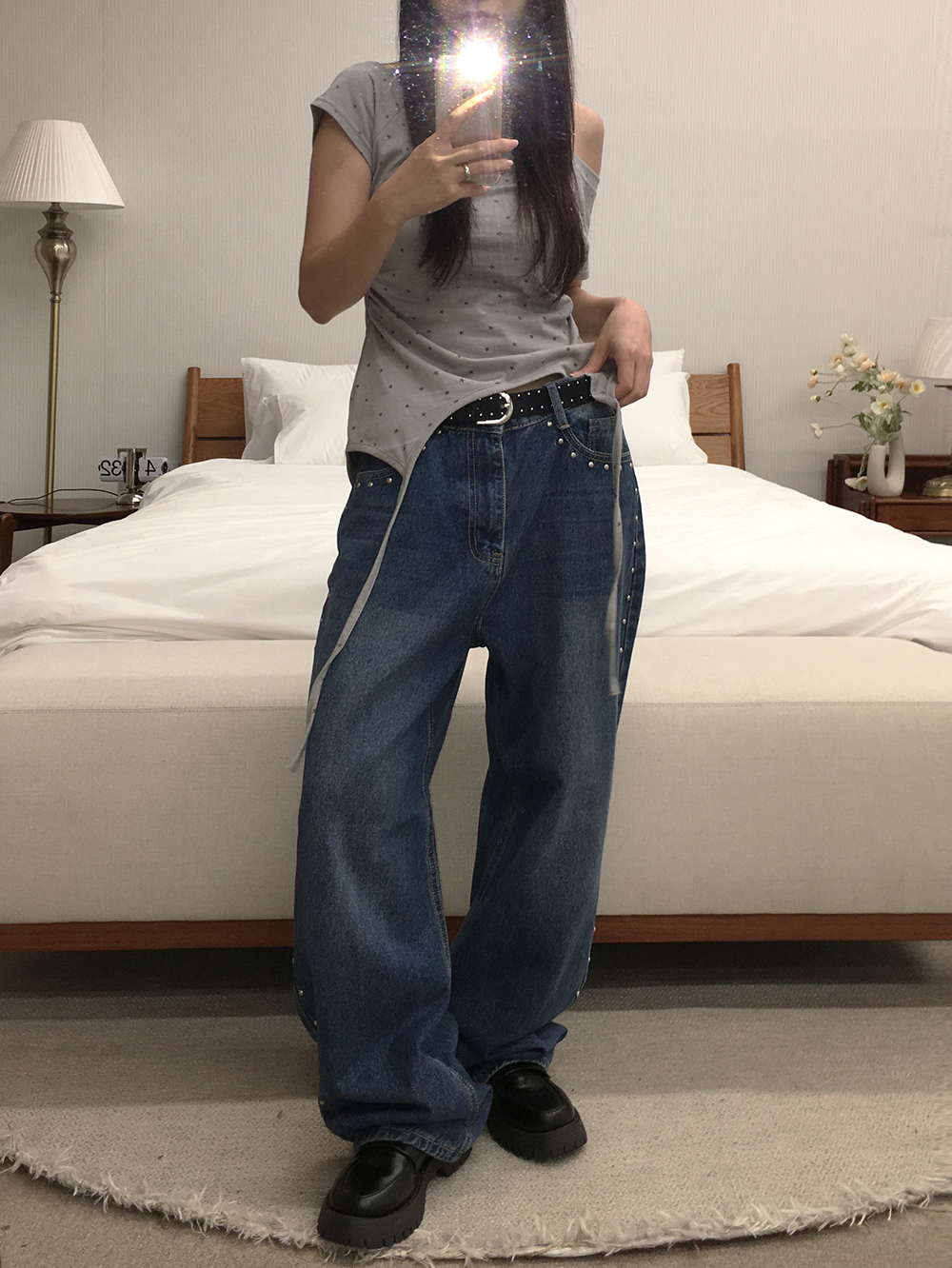 S~XL]サイドスタッズワイドデニムパンツ | ファッション通販