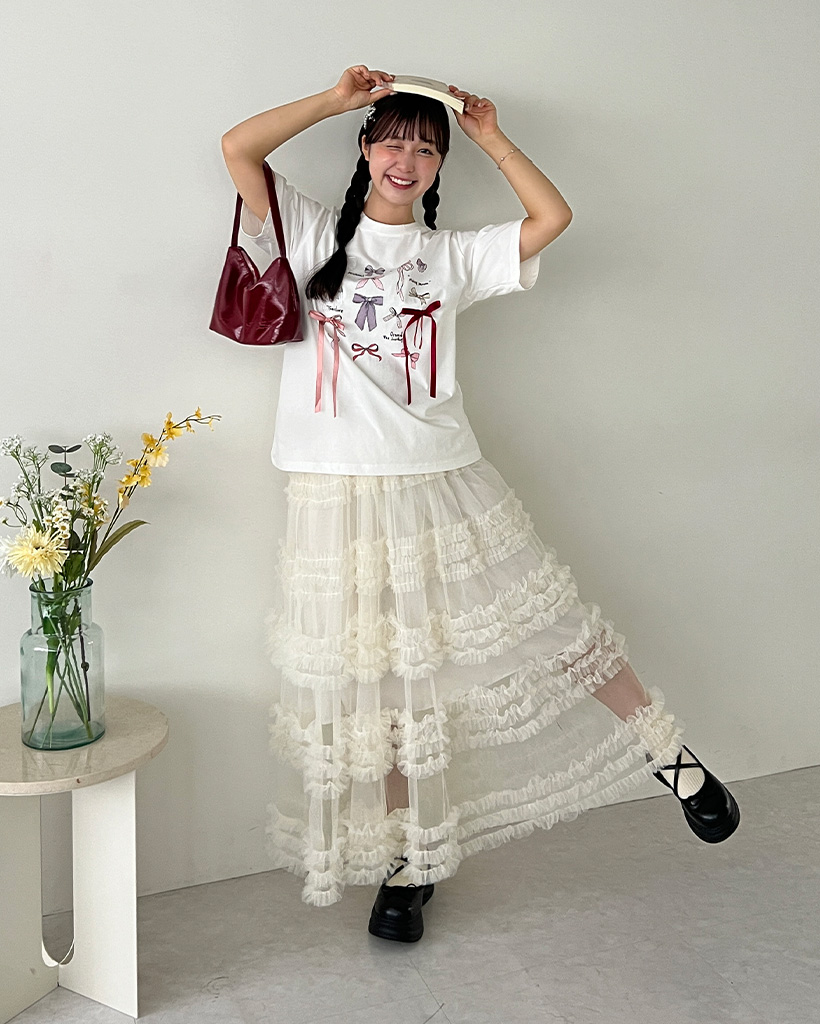 シフォンフリルロングスカート クリーム色 シフォン4段フリルロングスカート[品番：TAXW0009810]｜TAXI