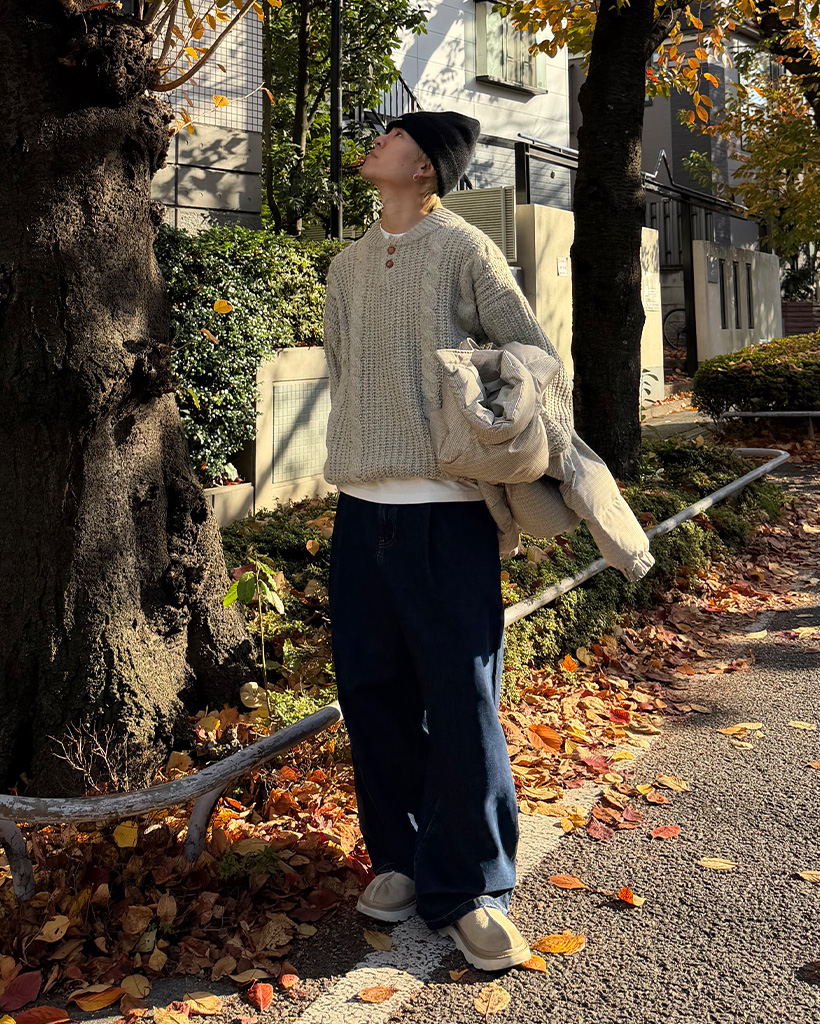 ユニセックス）ヘンリーネックケーブルニット | ファッション通販