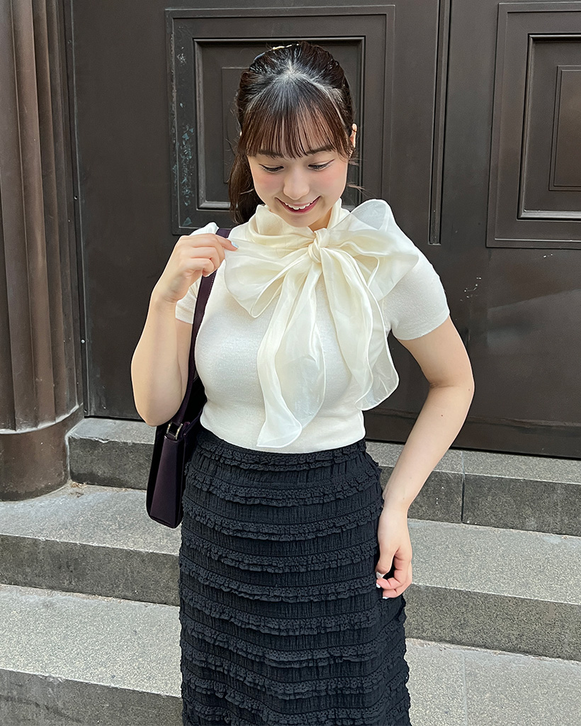 Lumignon リボン付きサマー ニット 半袖 UNE MANSION ニット セーター ワンオフショルダーストリング