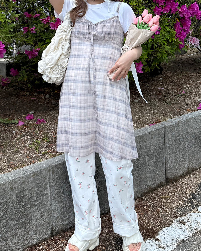 ワンピース hrmy123 バストプリーツシースルーチェックキャミワンピース