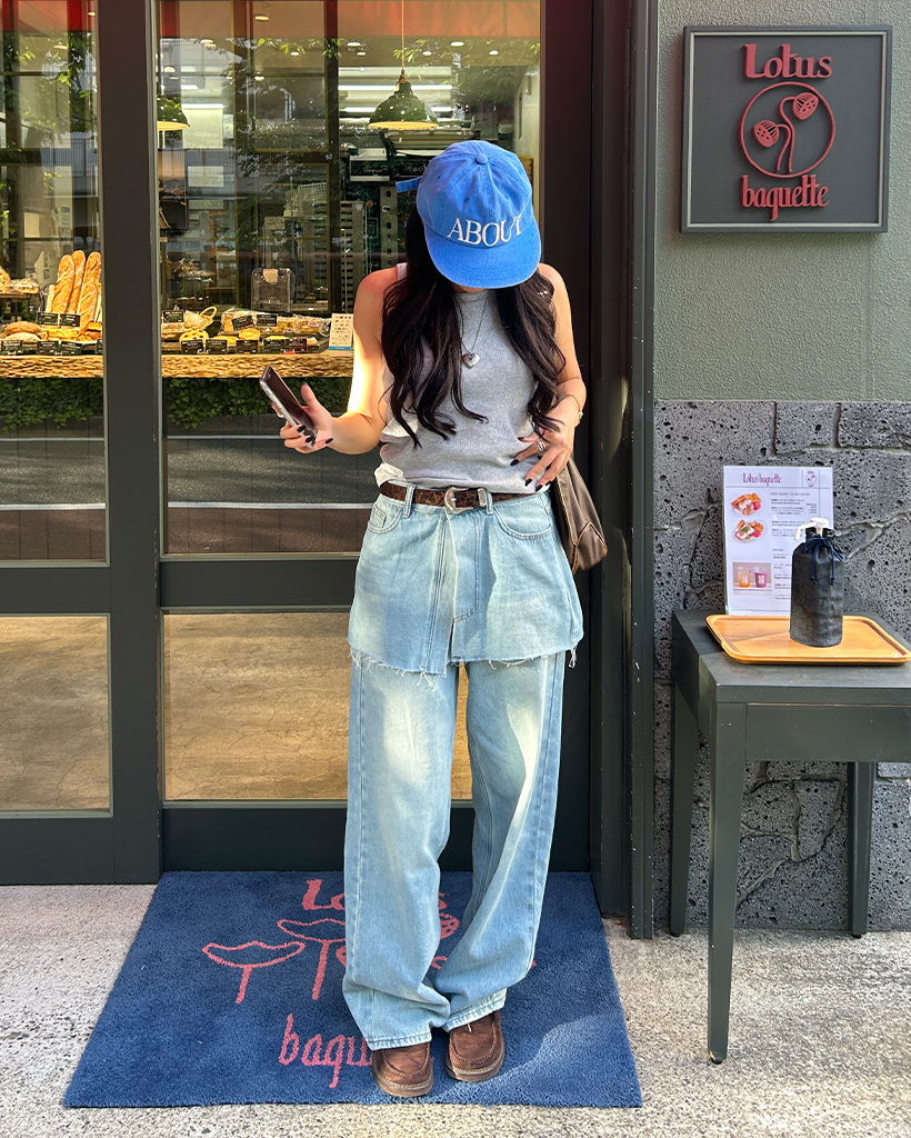 ワイド カーブ デニム カットオフ ストリート 韓国 春 nr8165 カットオフラップスカート&ワイドデニムセット | ファッション