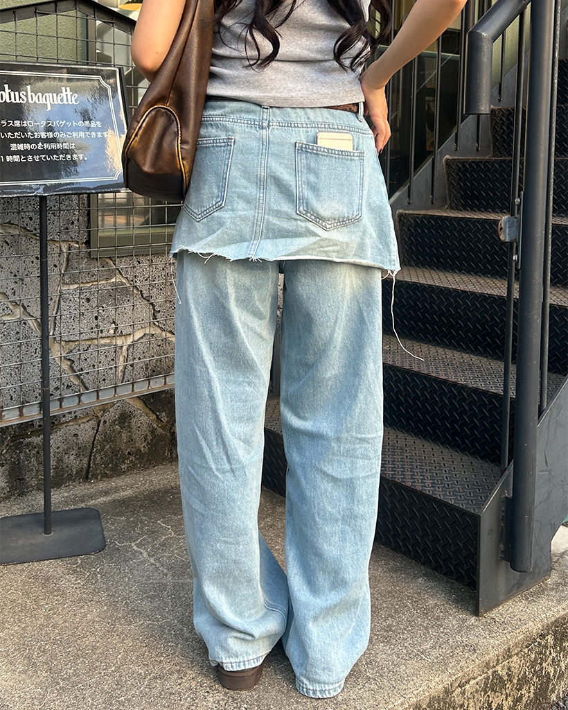 ワイド カーブ デニム カットオフ ストリート 韓国 春 nr8165 カットオフラップスカート＆ワイドデニムセット | ファッション