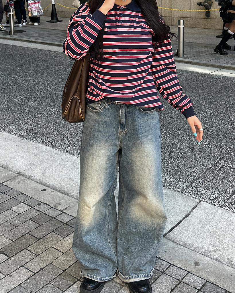 ユニセックス）マルチボーダーロングポロTシャツ | ファッション通販