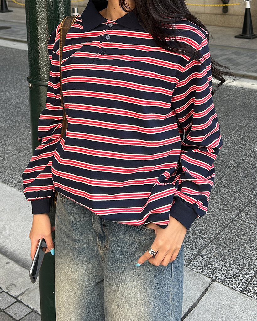 ユニセックス）マルチボーダーロングポロTシャツ | ファッション