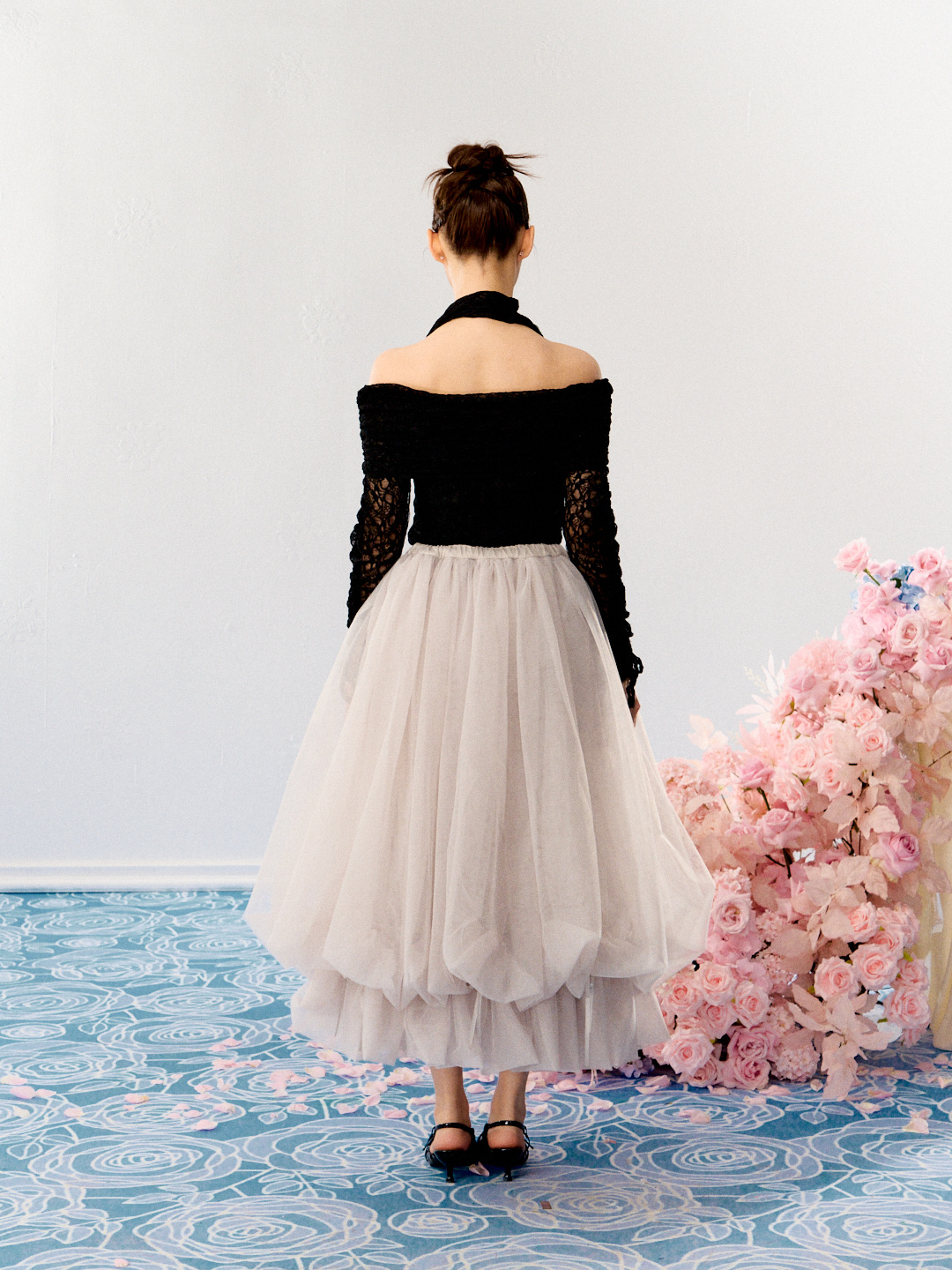 Rose motif ribbon tulle skirt(long) | ファッション通販サイト NUGU
