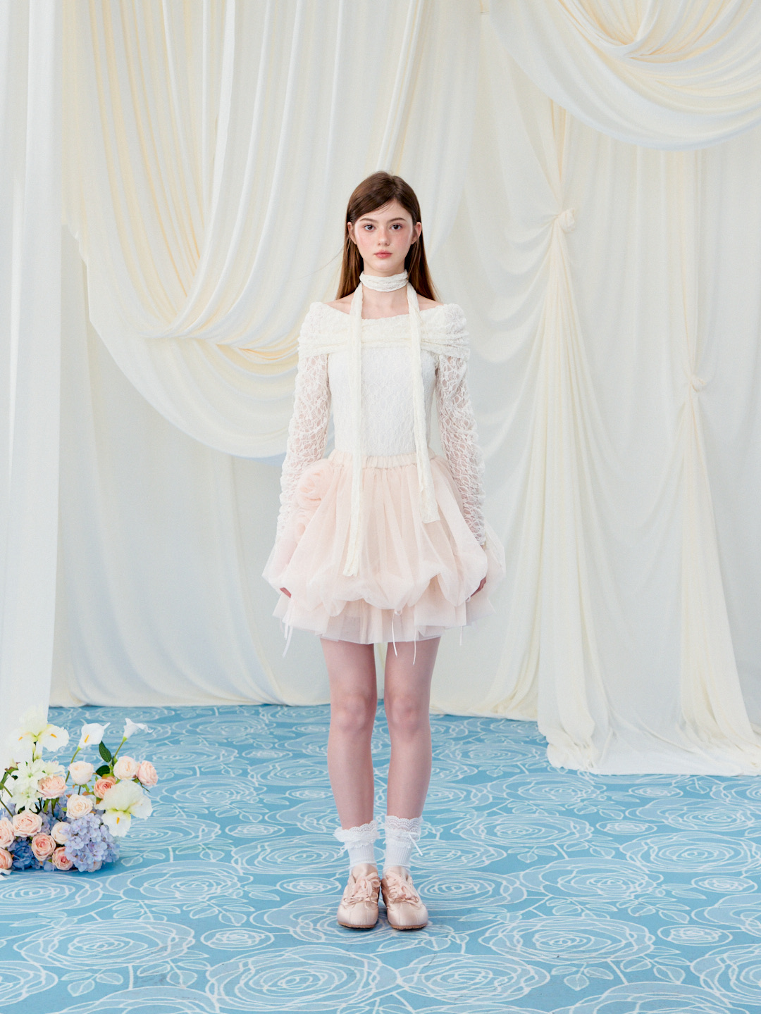 スカート Rose motif ribbon tulle skirt (long)pink Rose motif ribbon tulle skirt (long)pink
