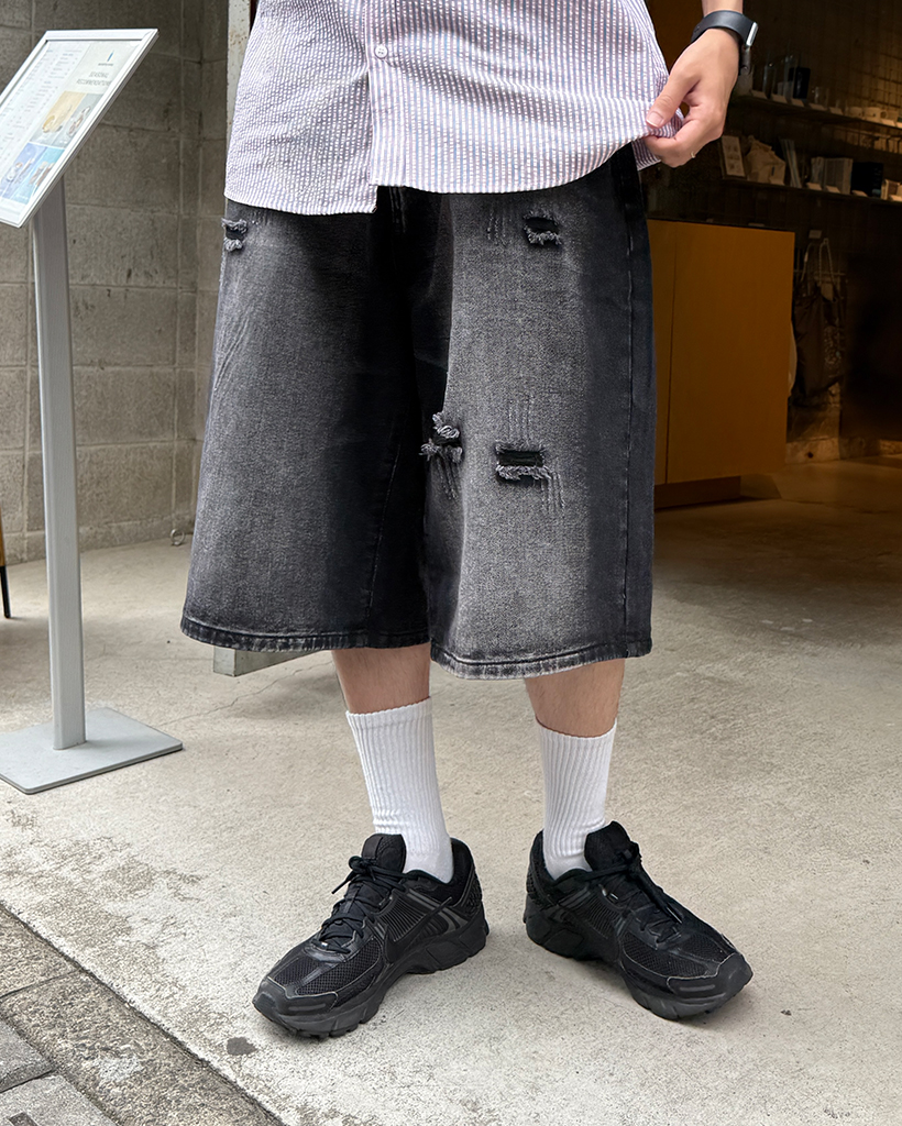 ユニセックス）ダメージバミューダデニムパンツ | ファッション