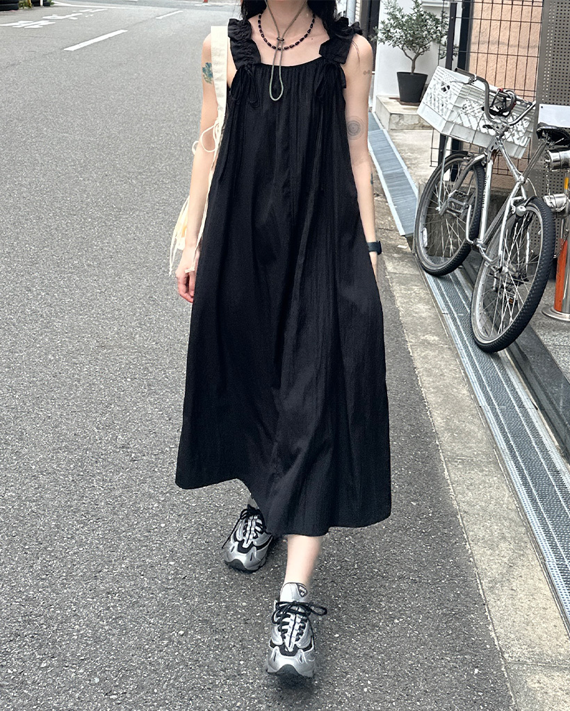 ショルダーリボンストリングロングワンピース | ファッション