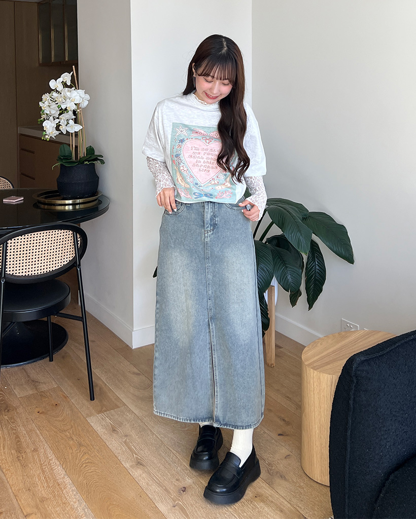 ♡激かわいい♡リボン ウォッシュロングデニムスカート ビンテージ USA製 80s ビンテージ Vivaldi 前開き ケミカルウォッシュ