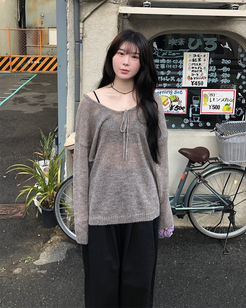 シャーリングリボンポイント長袖ニット