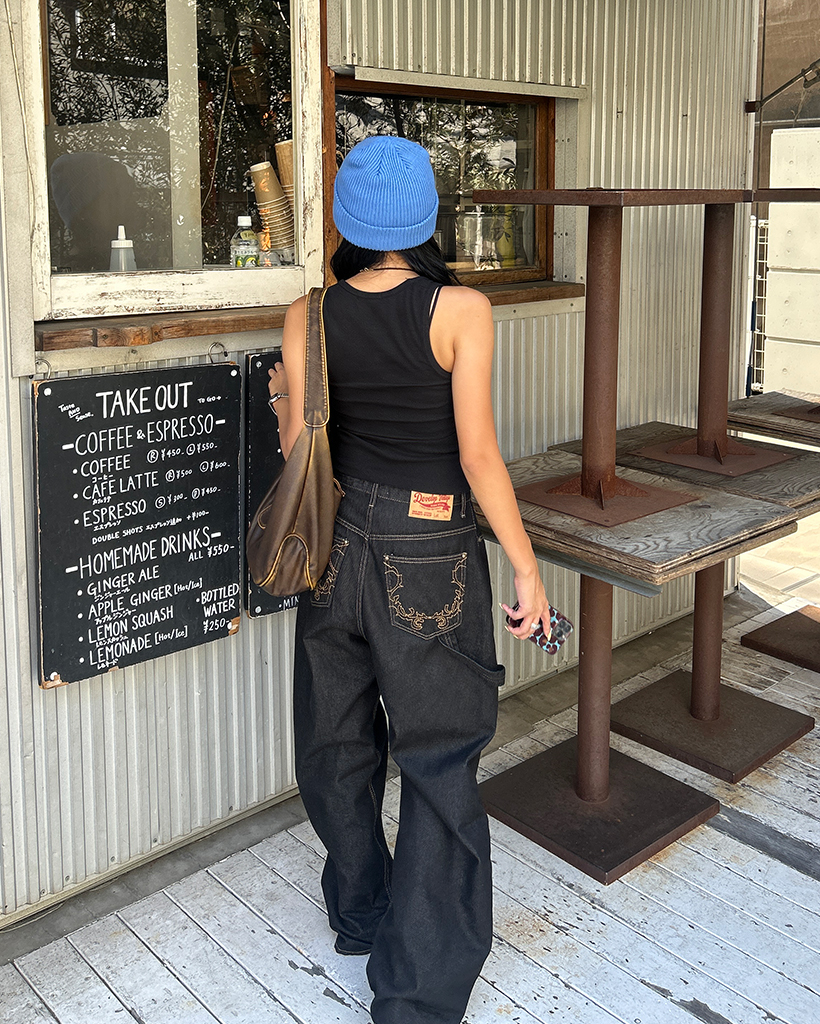 バックポケットステッチワイドリジッドデニムパンツ