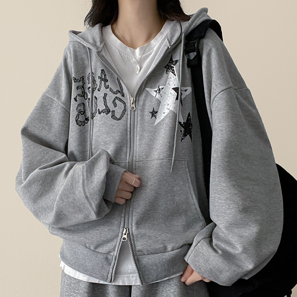 (3color)プリントオーバーサイズジップアップパーカー