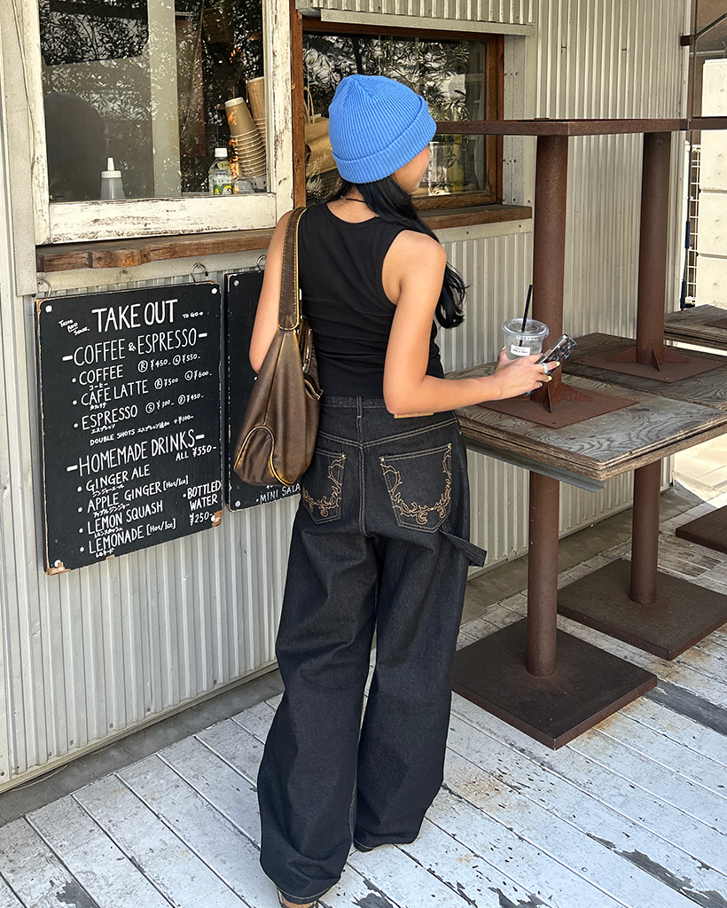 バックポケットステッチワイドリジッドデニムパンツ