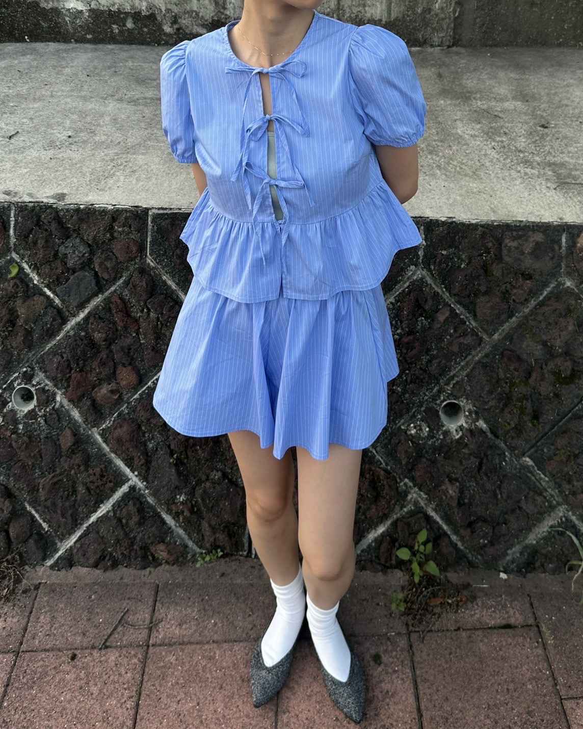 リボンストライプショートパンツセットアップ | ファッション