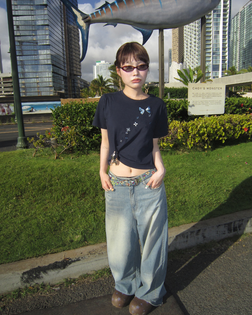 ストラップベルトウォッシュワイドデニムパンツ | ファッション