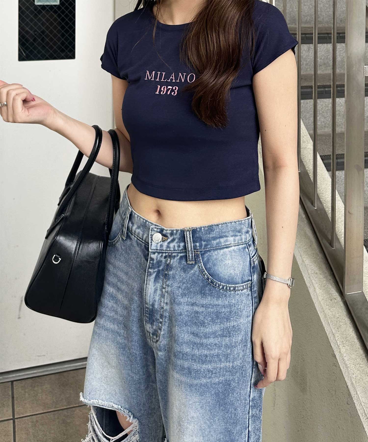 早い者勝ち♡épine ロゴ刺繍入りTシャツ半袖セットnuguBibiy.好きに ポップコーン編みロゴ刺繍胸ポケット付きTシャツ（Tシャツ
