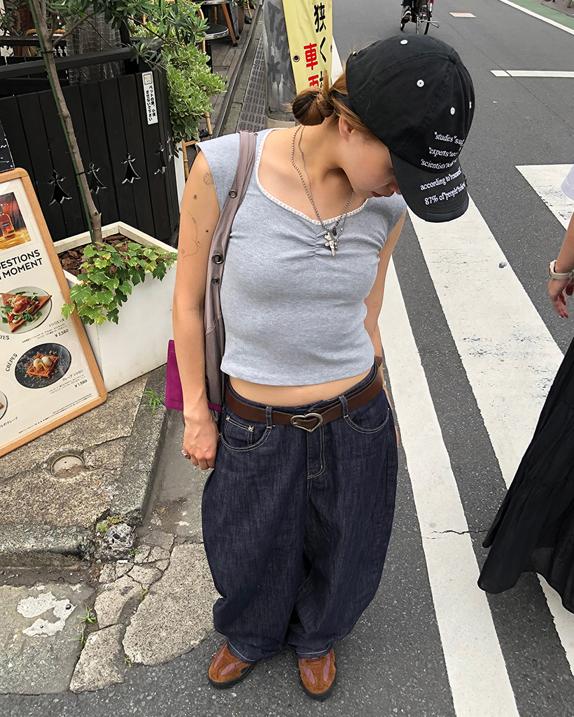 ヒップフラットポケットサマーリジットバルーンデニムパンツ