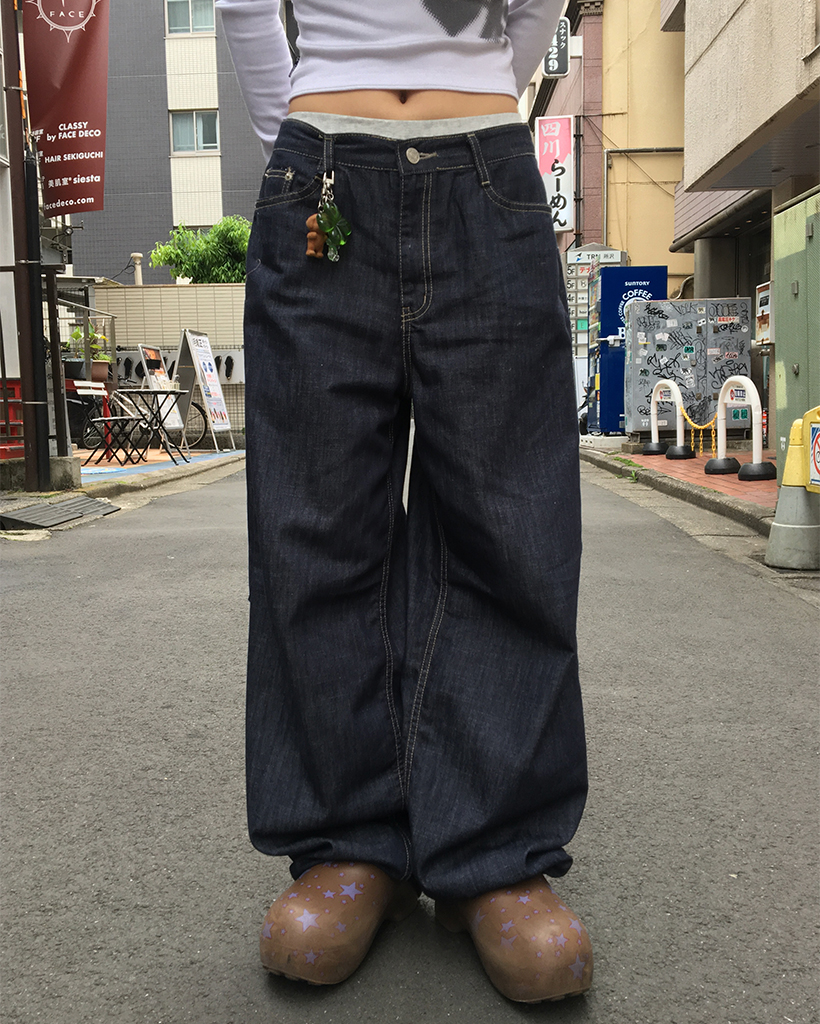 ツーボタンブラックデニムワイドパンツ | ファッション通販
