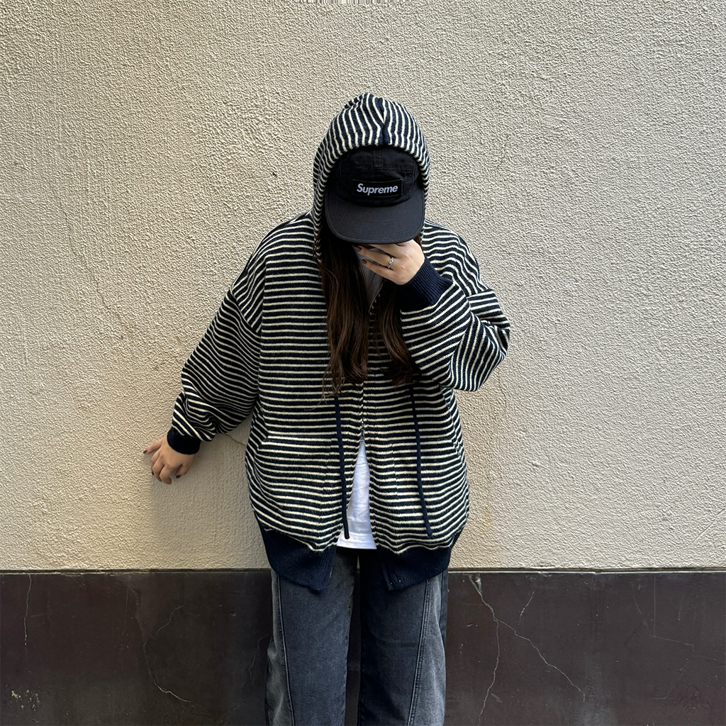 ボーダーニットフードジップアップ | ファッション通販サイト NUGU