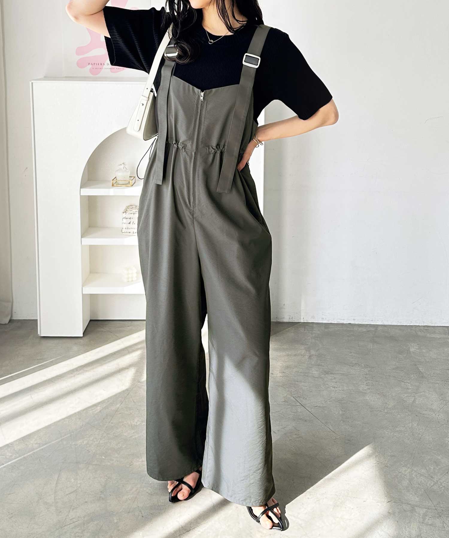 フロントジップナイロンミリタリーワイドサロペット | ファッション