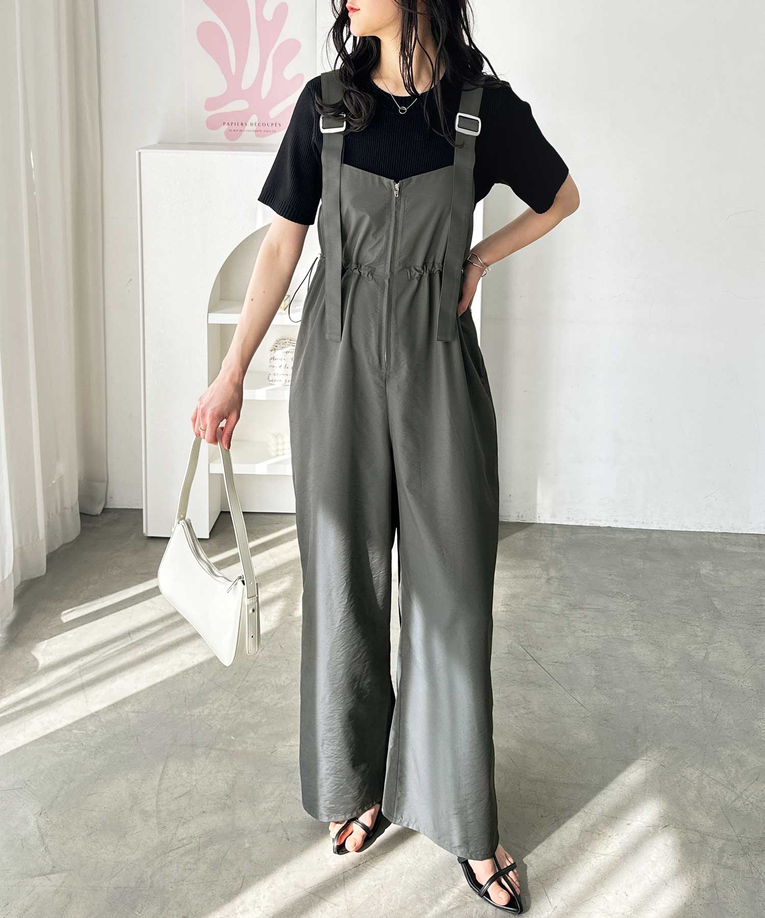 フロントジップナイロンミリタリーワイドサロペット | ファッション