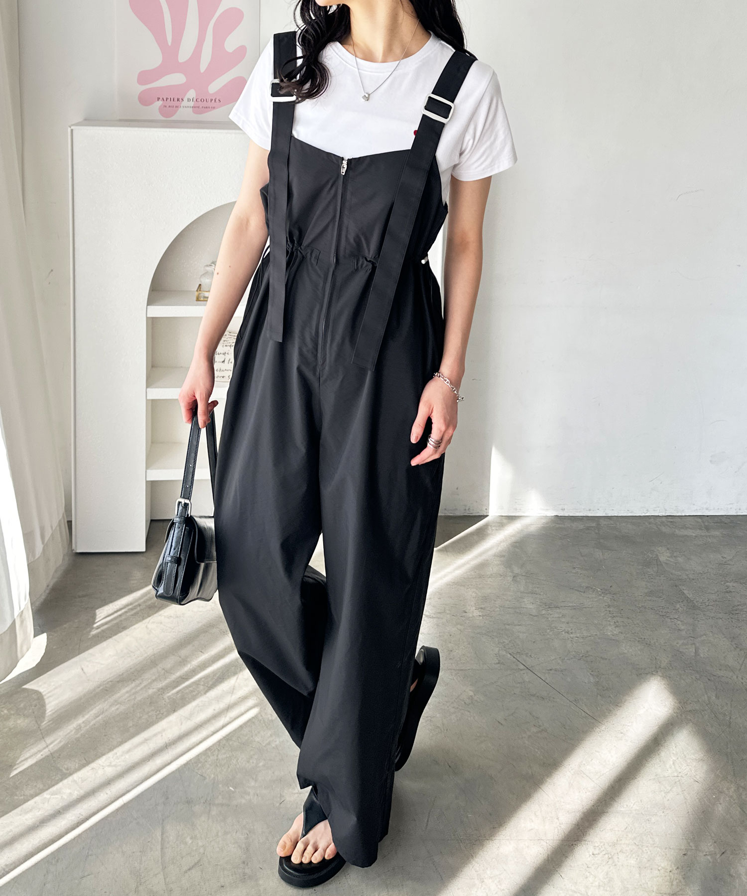 フロントジップナイロンミリタリーワイドサロペット | ファッション